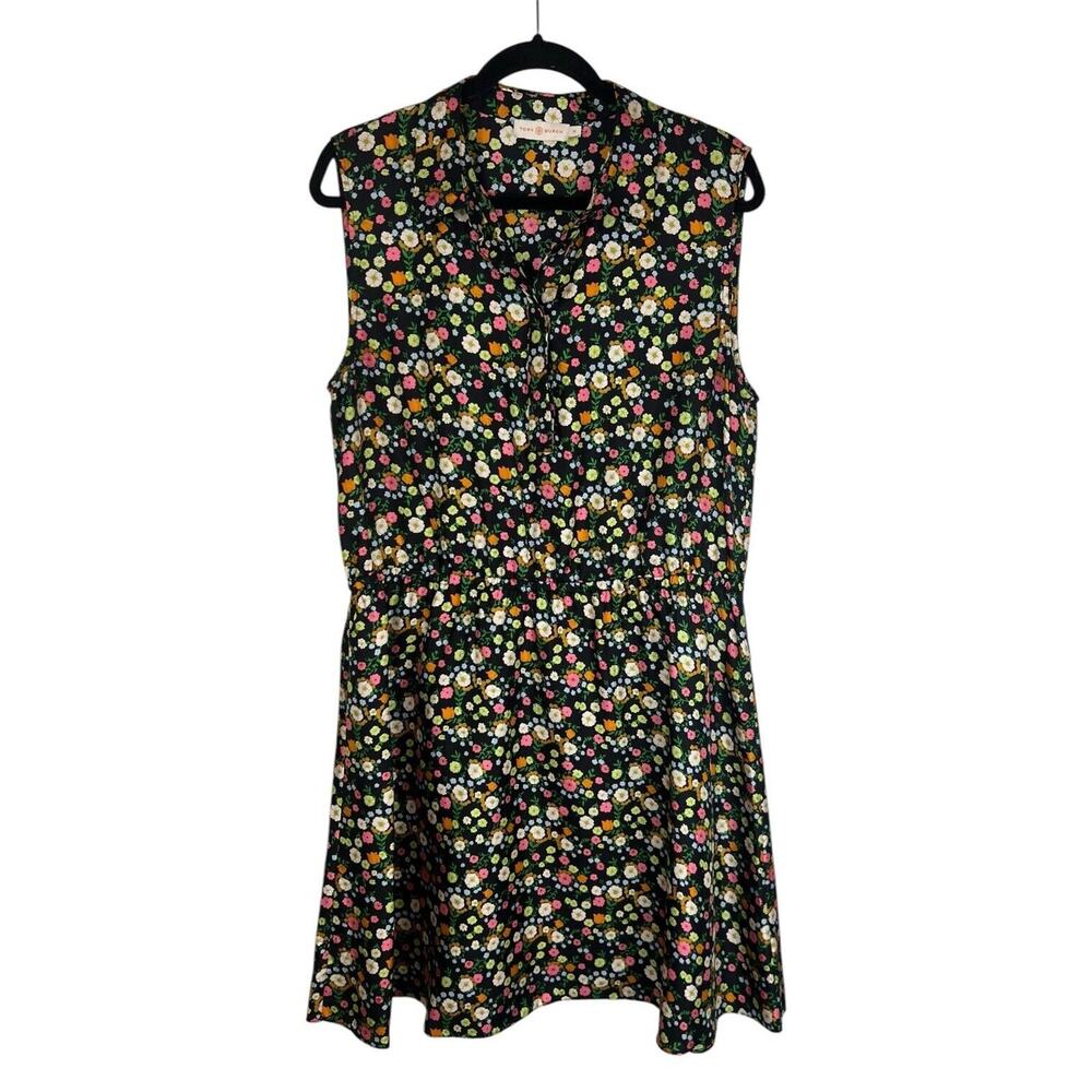 Tory Burch Black Silk Floral Print Dress Size 14 Ryder Sleeveless Fit Flare